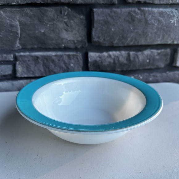 Pyrex Other - Vintage Pyrex Milk Glass & Turquoise Blue Band Rim Salad Serving Bowl 9" Cottage